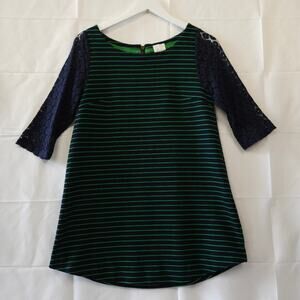 9-H15 STCL Anthropologie 3/4 Sleeve Striped Tunic Top Green Blue Size Small